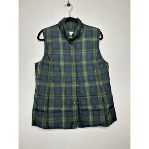 J Jill Puffer Vest Womens Green Blue Plaid Button Up Down Insulation Medium